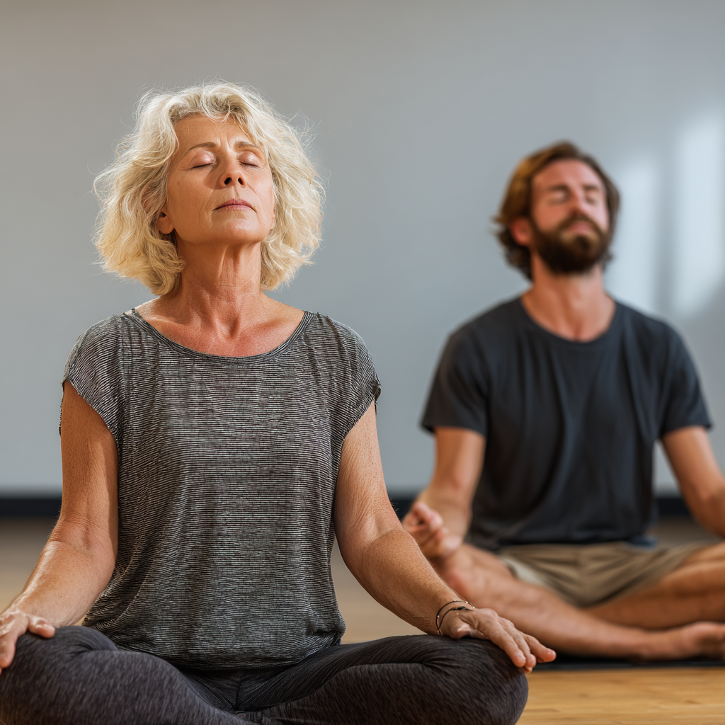 Experienced yoga instructor guiding mature student through mindful breathing practice