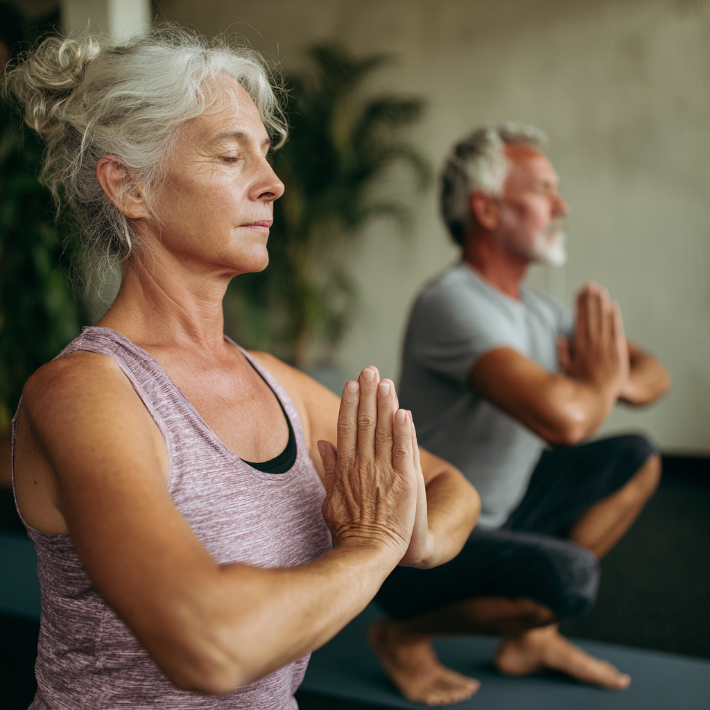Mature adults practicing gentle yoga poses in peaceful studio environment