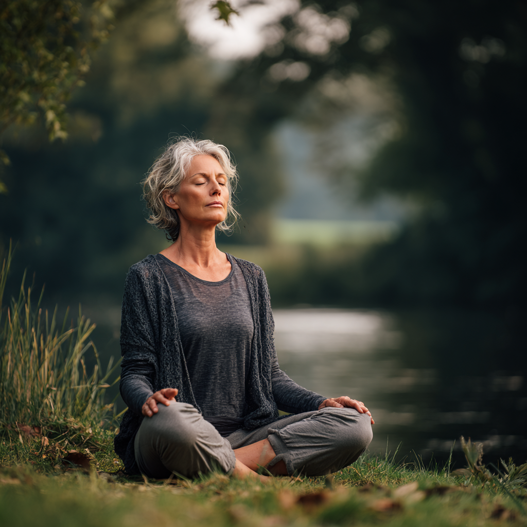 Peaceful middle-aged woman practicing yoga meditation in serene natural environment